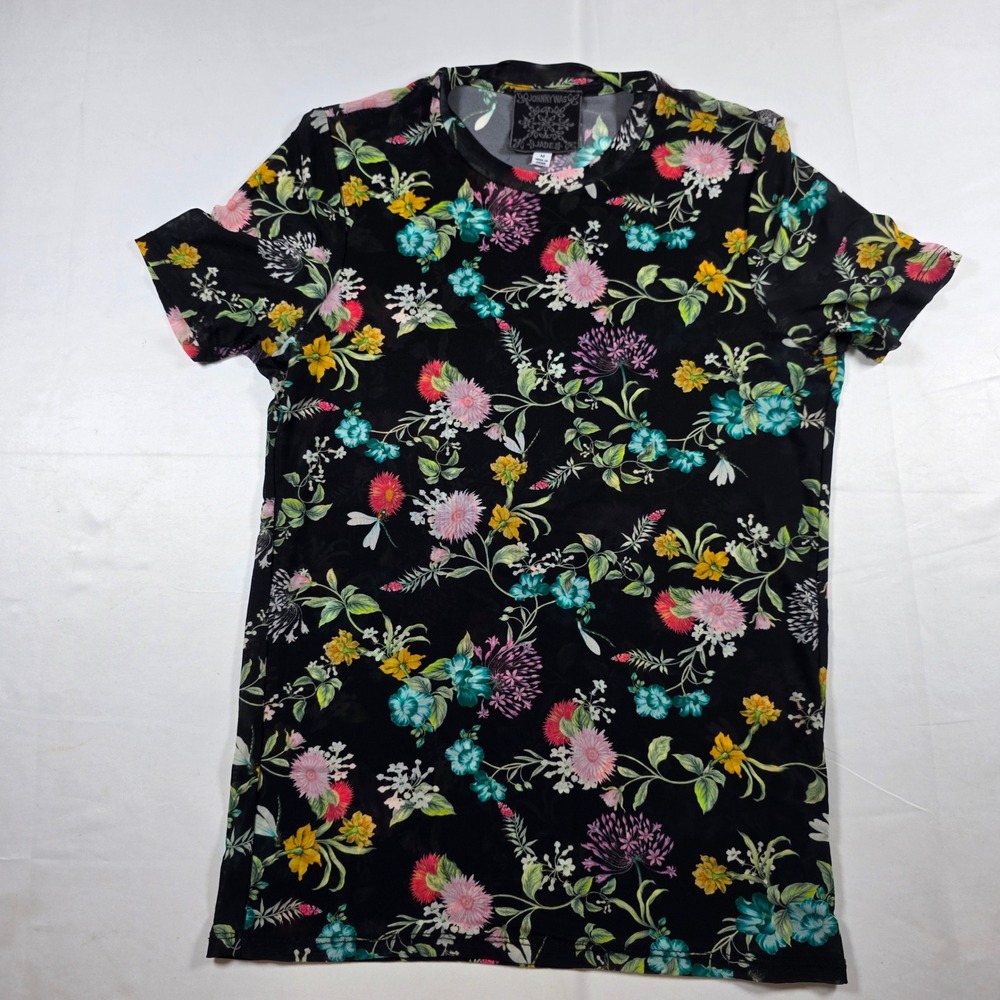 Johnny Was Jade Black Floral Mesh Short Sleeve Top Size Medium Boho Botanical